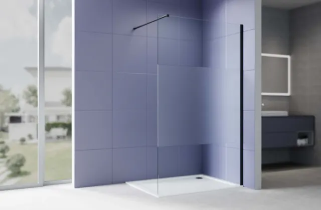 Душевая перегородка с держателем AQUATEK Walk in 900x2000 AQ.WI.090.3BL черный матовый/стекло прозрачное с матовой полосой
