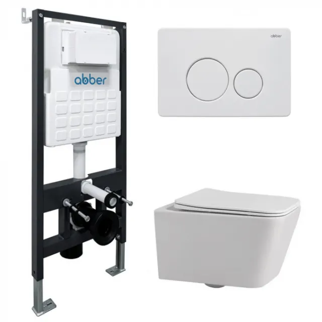 Комплект подвесной унитаз Abber Rechteck AC1201 белый с инсталляцией AC0105 и кнопкой AC0121MW белая матовая AC1201-AC0105-AC0121MW