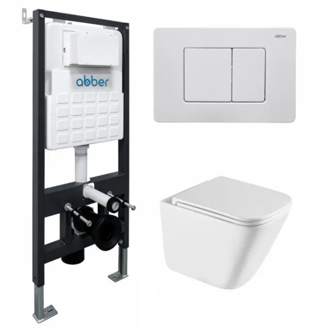 Комплект подвесной унитаз Abber Rechteck AC1219TC белый с инсталляцией AC0105 и кнопкой AC0120MW белая матовая AC1219TC-AC0105-AC0120MW