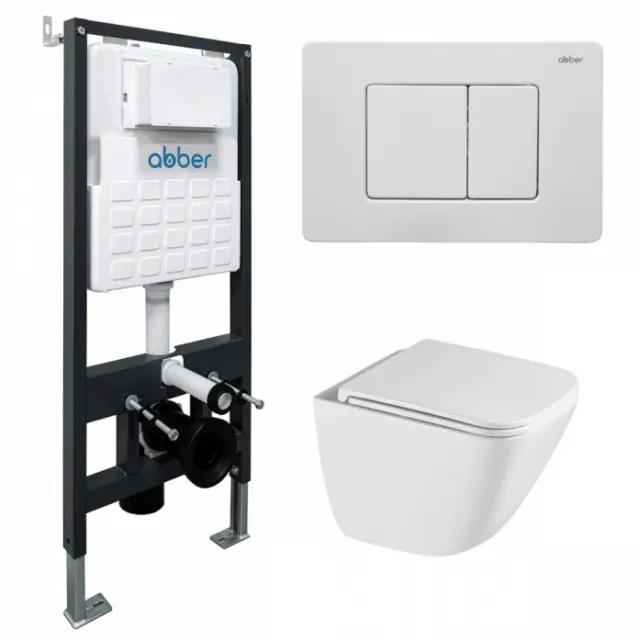 Комплект подвесной унитаз Abber Rechteck AC1220TC белый с инсталляцией AC0105 и кнопкой AC0120MW белая матовая AC1220TC-AC0105-AC0120MW