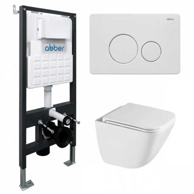 Комплект подвесной унитаз Abber Rechteck AC1220TC белый с инсталляцией AC0105 и кнопкой AC0121MW белая матовая AC1220TC-AC0105-AC0121MW