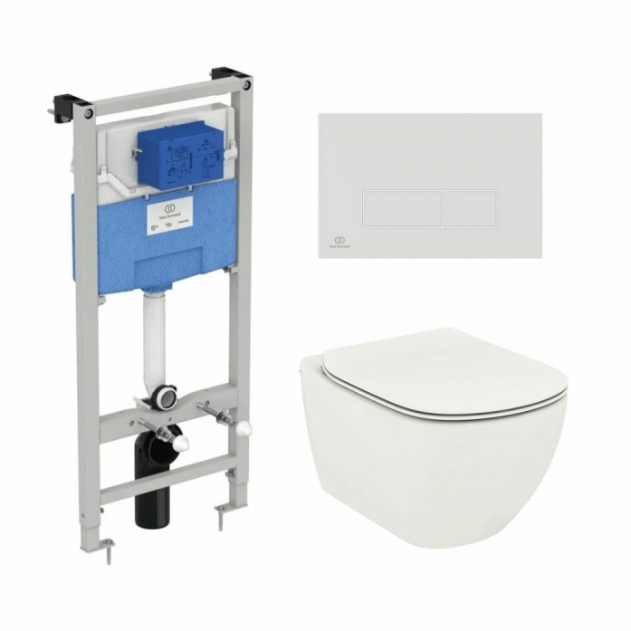 Набор Ideal Standard T3868V1/121AC (Унитаз T0079V1 и сиденье T3527V1 TESI, инсталляция R020467 PROSYS, панель смыва R0121AC OLEAS)
