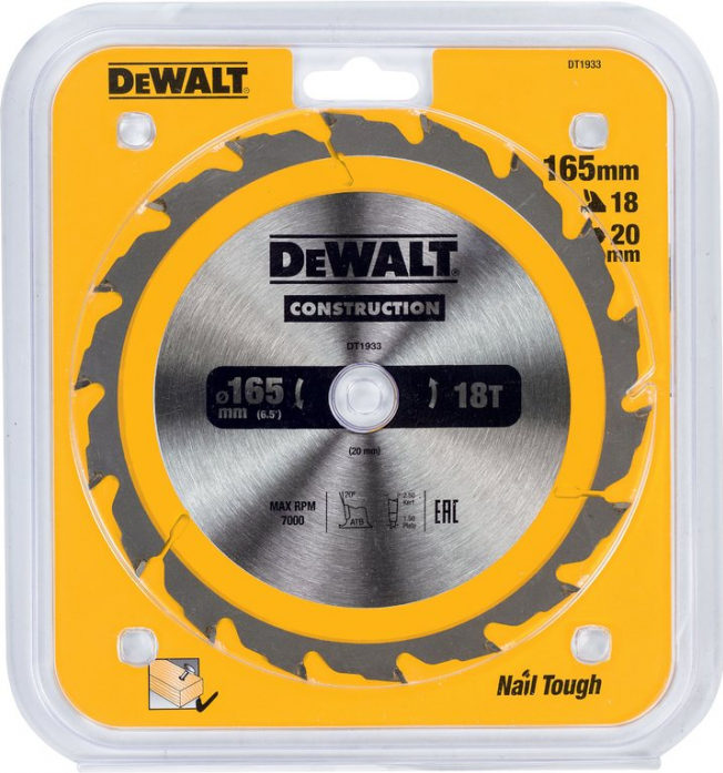 Пильный диск DeWalt CONSTRUCT 165х20 мм 18 ATB DT1933-QZ
